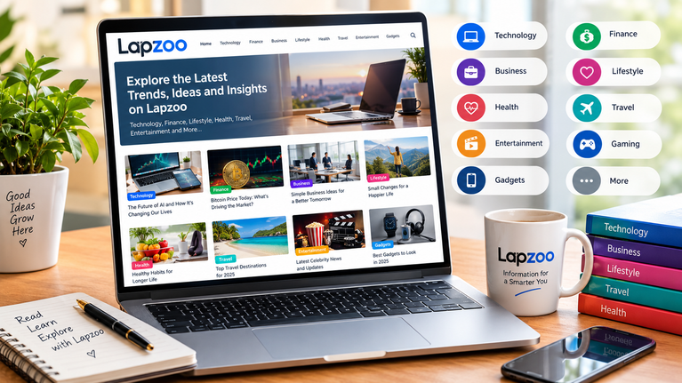 A laptop displaying the Lapzoo website with technology, finance, business, lifestyle, health, travel, entertainment, and gadget categories.